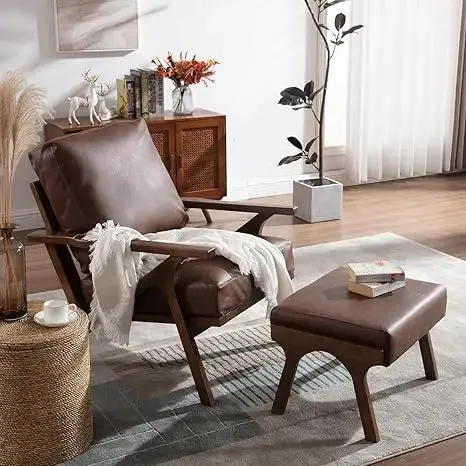 Accent Chair with Ottoman, Mid Century Modern Lounge Chair with footrest, Comfy Fabric Armchair Upholstered Living Room