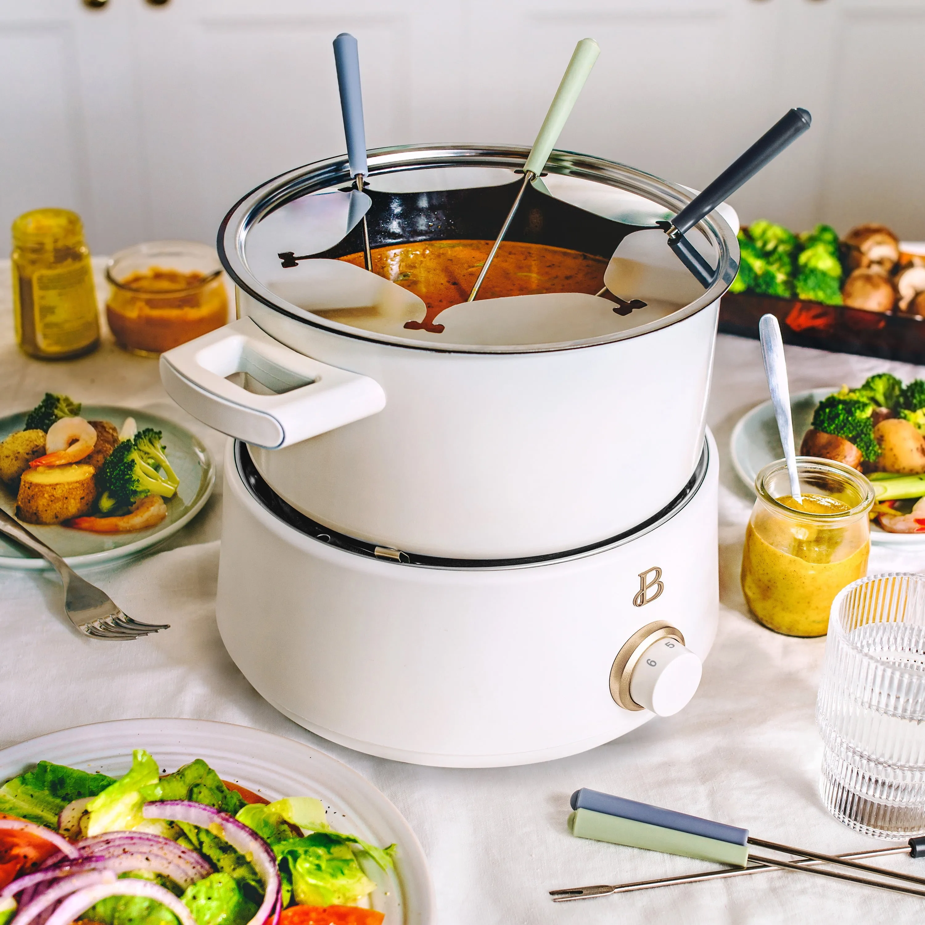 Beautiful 3 Qt Electric Fondue Set with Bonus 2 qt Ceramic Pot, White Icing by Drew Barrymore