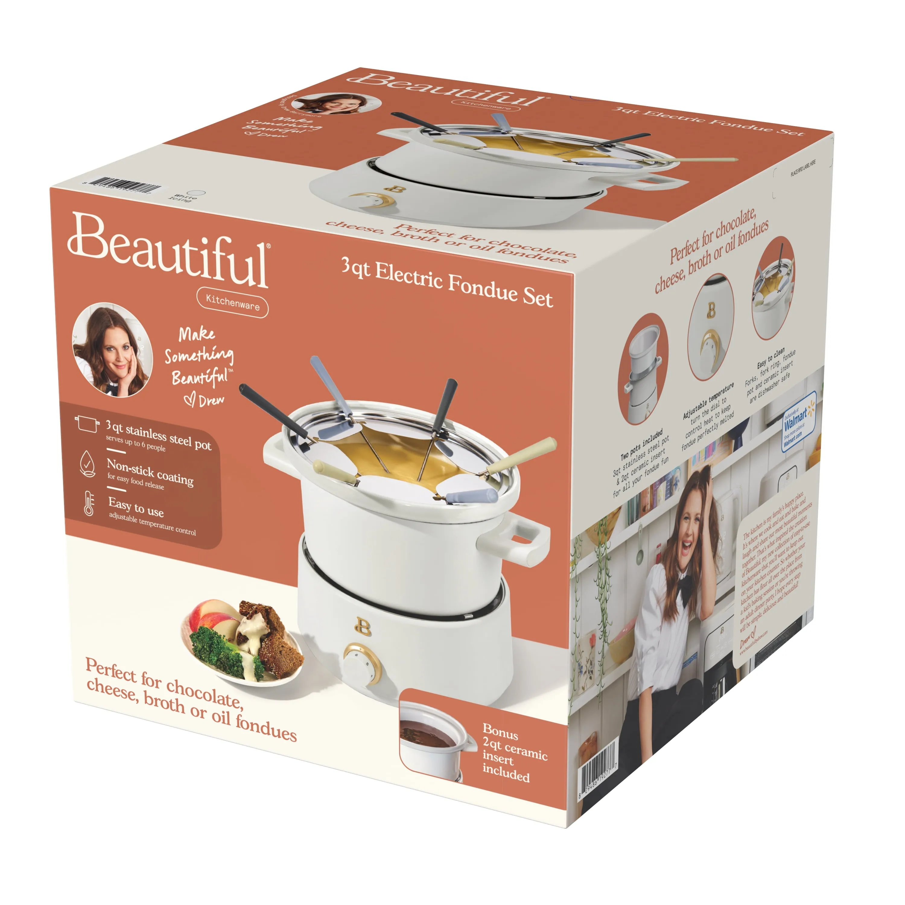 Beautiful 3 Qt Electric Fondue Set with Bonus 2 qt Ceramic Pot, White Icing by Drew Barrymore
