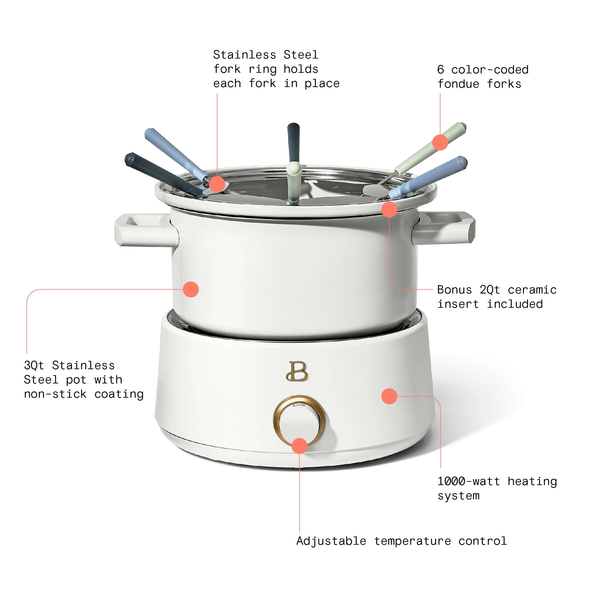 Beautiful 3 Qt Electric Fondue Set with Bonus 2 qt Ceramic Pot, White Icing by Drew Barrymore
