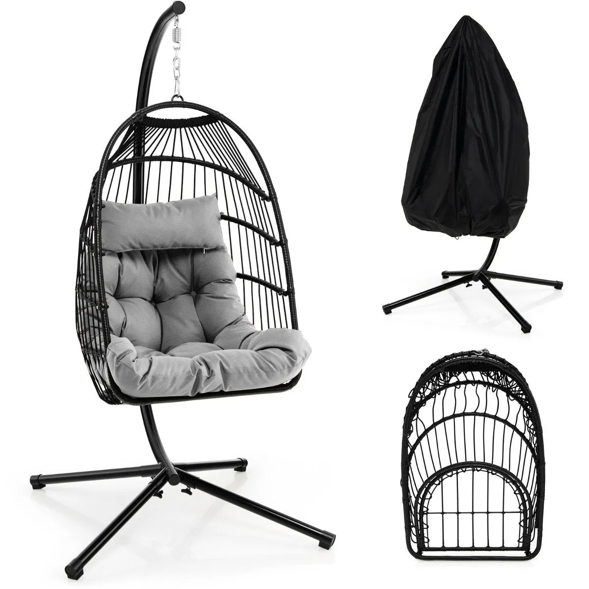 Hanging Swing Egg Chair with Stand Cozy Head Pillow  Cushion-Grey