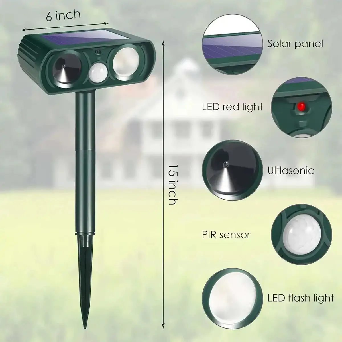 Solar Ultrasonic Coyote/Raccoon/Skunk/Snake & Rodent Repeller - Weatherproof